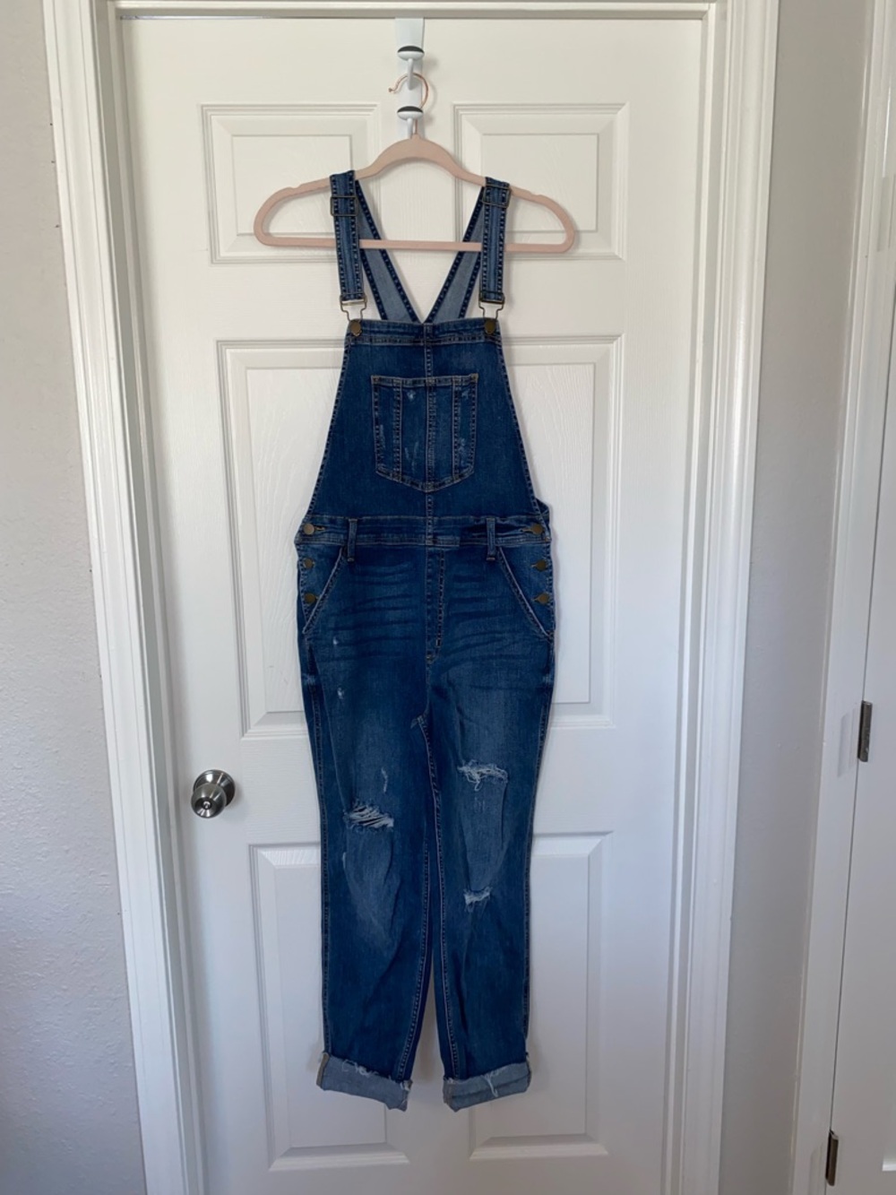 Altar'd State Distressed Dark Blue Denim Overalls